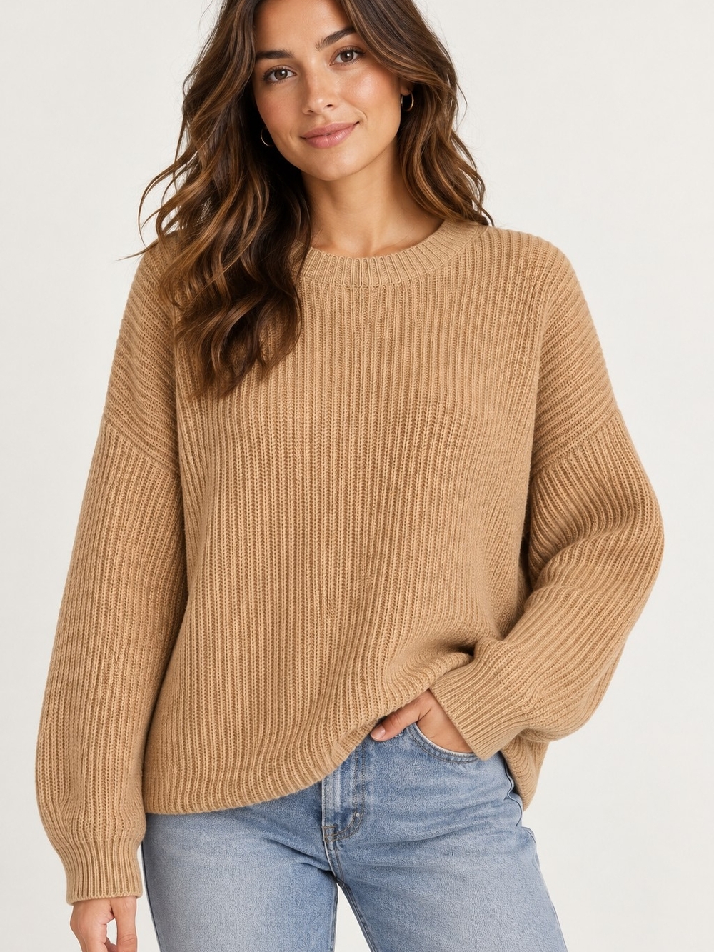 Eileen Fisher 100% Cashmere Sweater XL Camel Beige Crewneck Ribbed Knit